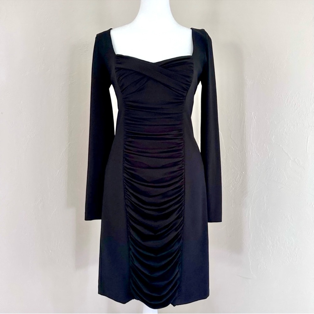 Rickie Freeman Teri John Ruched Sweetheart Neckline Long Sleeve Black Dress 6